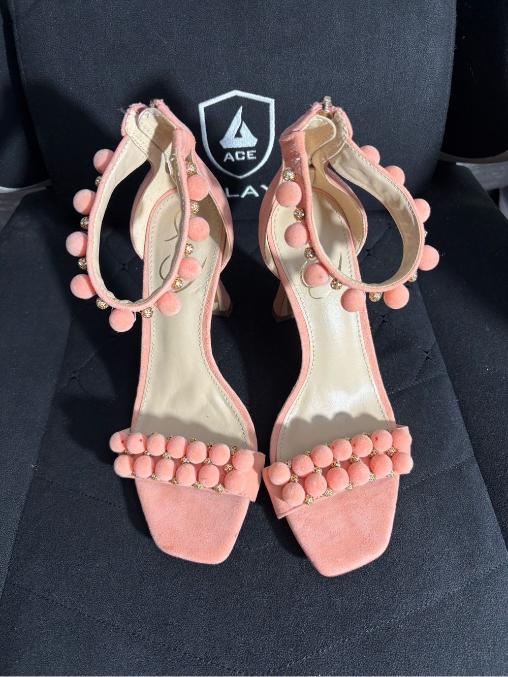 Sam Edelman Coral Pink Pom-Pom Ankle Strap Heels